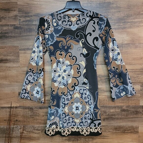 Hale Bob Shift Dress M Surplice Front Flare Sleeve V Neck Ruched Side Boho - Picture 2 of 9